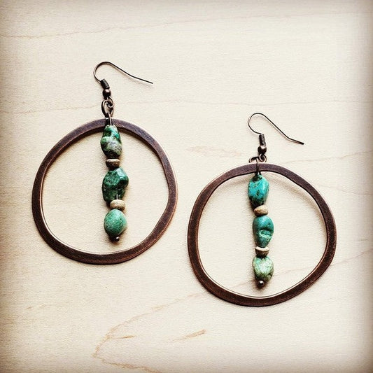 Copper Hoop Earrings w/ Natural Turquoise and Wood